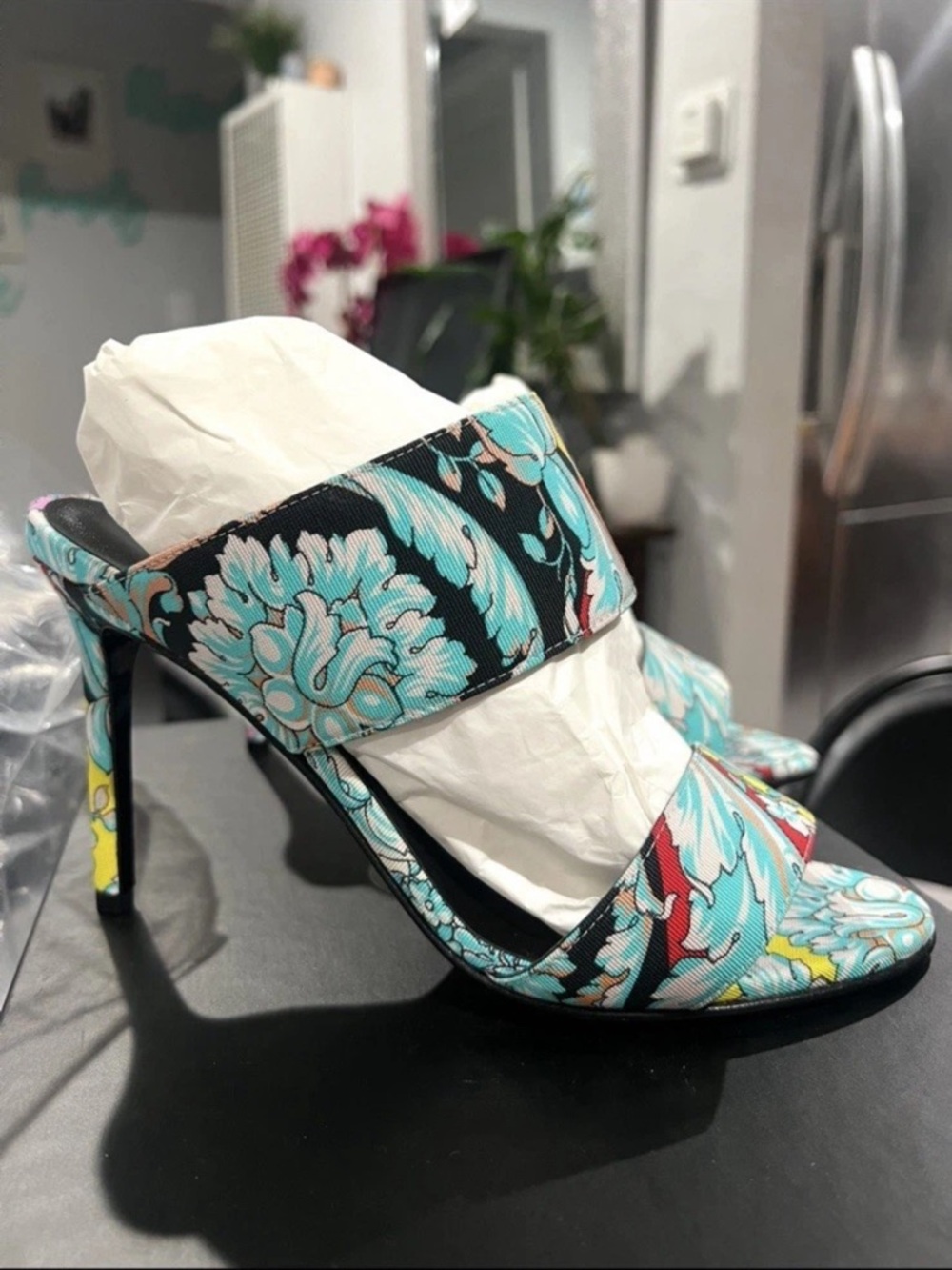 Versace Turquoise Multi-Color Patterned Strap Heels - Picture 2 of 7